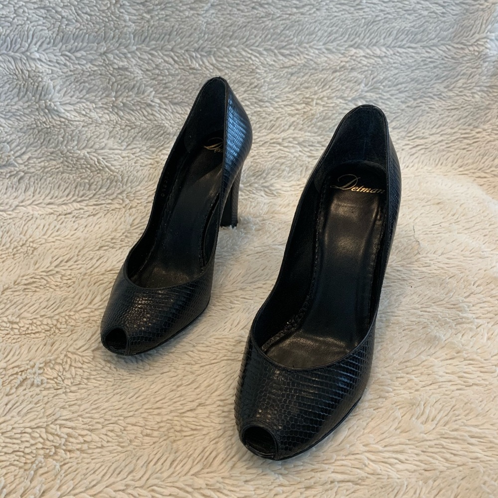 Delman Black Embossed Lizard Print Peep-toe Pump
